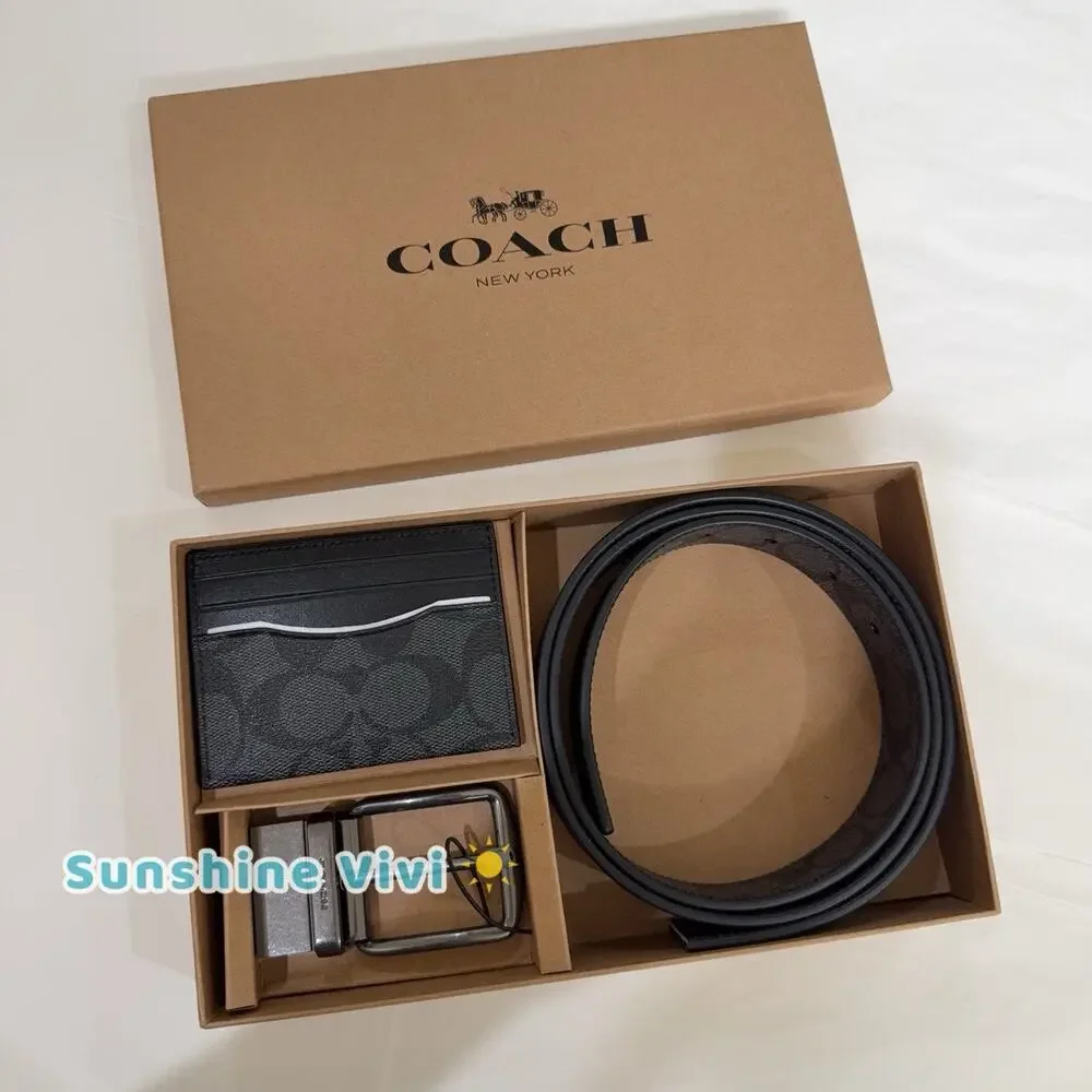 NWT Coach C8278 Boxed Card Case & Belt Set Colorblock Signature Canvas Black